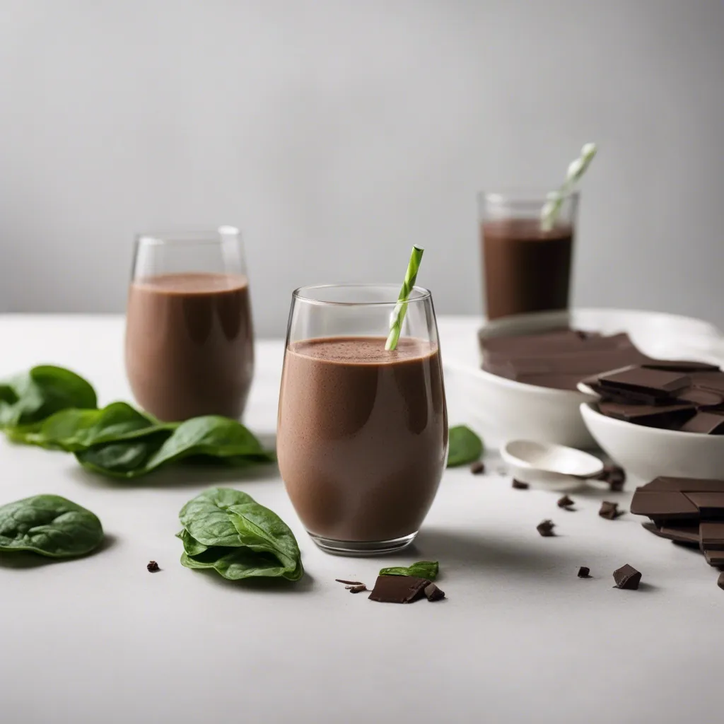 A chocolate spinach smoothie in a glass with a green-striped straw, fresh spinach leaves, and chocolate pieces on a light surface with other glasses and chocolate in the background