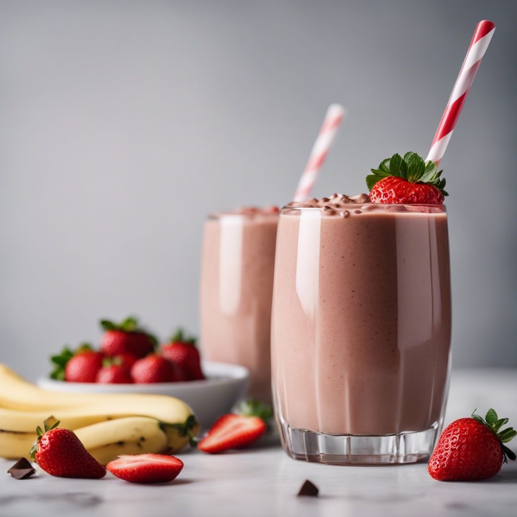 Two creamy chocolate strawberry banana smoothies in clear glasses, topped with whipped cream, chocolate shavings, and a fresh strawberry. A striped red and white straw adds a playful touch. The background features a bowl of strawberries and bananas, suggesting fresh ingredients.