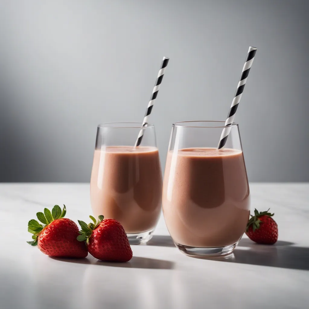 A minimalist presentation of two chocolate strawberry banana smoothies in transparent glasses, each with a black and white striped straw. Fresh strawberries lie in the foreground on a bright surface, with a soft shadow backdrop enhancing the serene setting.