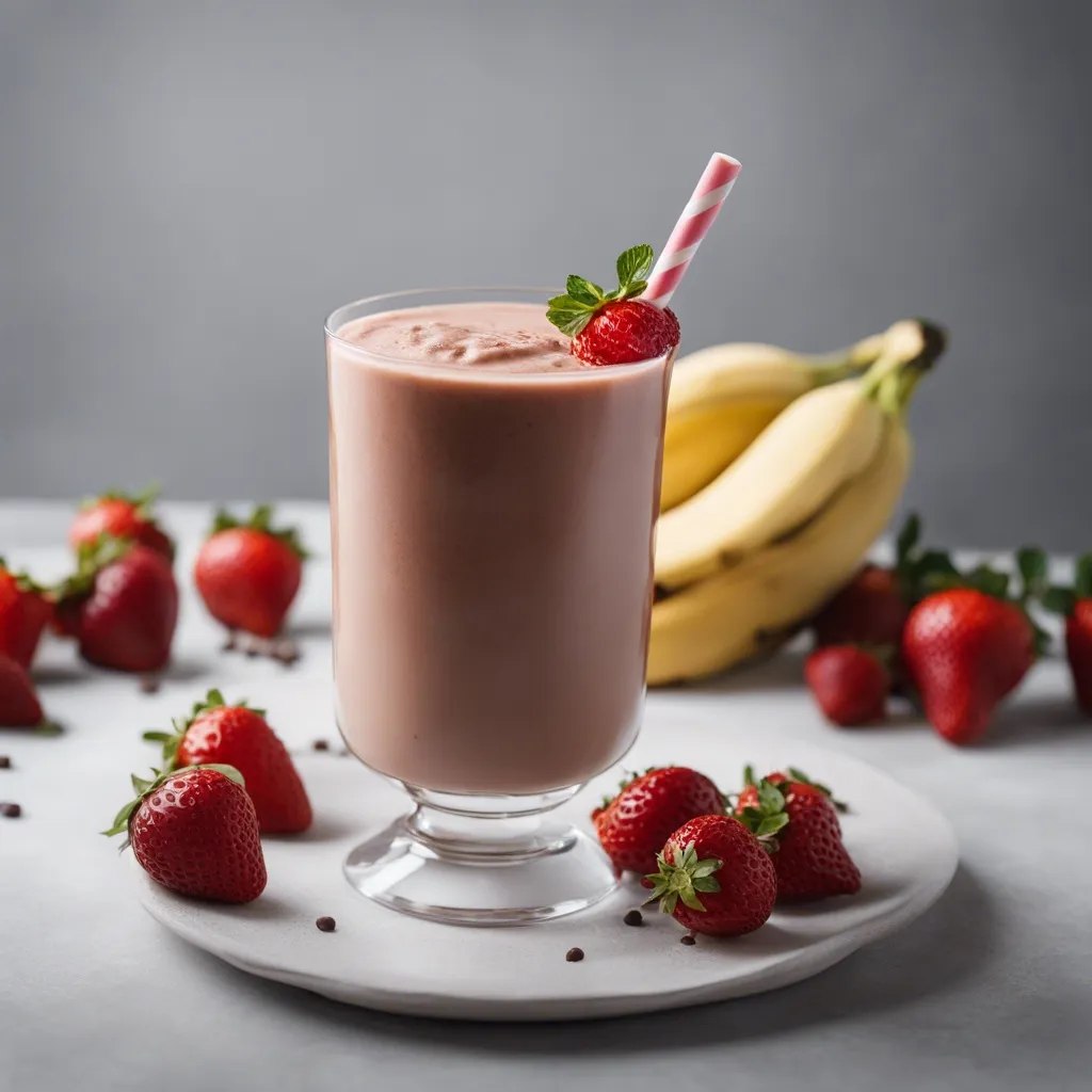 A single chocolate strawberry banana smoothie in an elegant stemmed glass, accessorized with a pink striped straw and a ripe strawberry on the rim. The glass rests on a white plate sprinkled with chocolate nibs, surrounded by fresh strawberries and bananas on a textured grey surface.