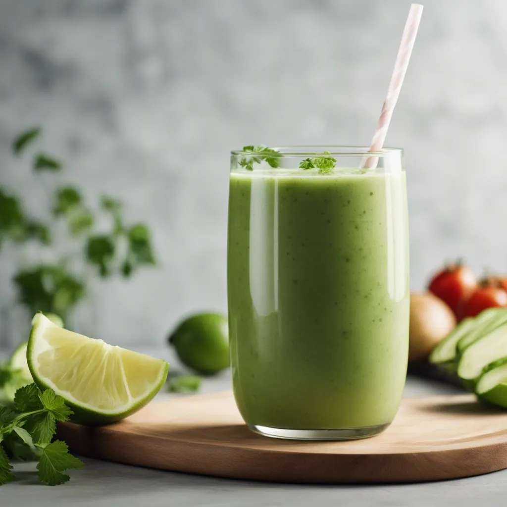 A glass of cilantro smoothie with a pink striped straw, garnished with a sprig of cilantro, with a slice of lime and herbs in the background on a wooden board.