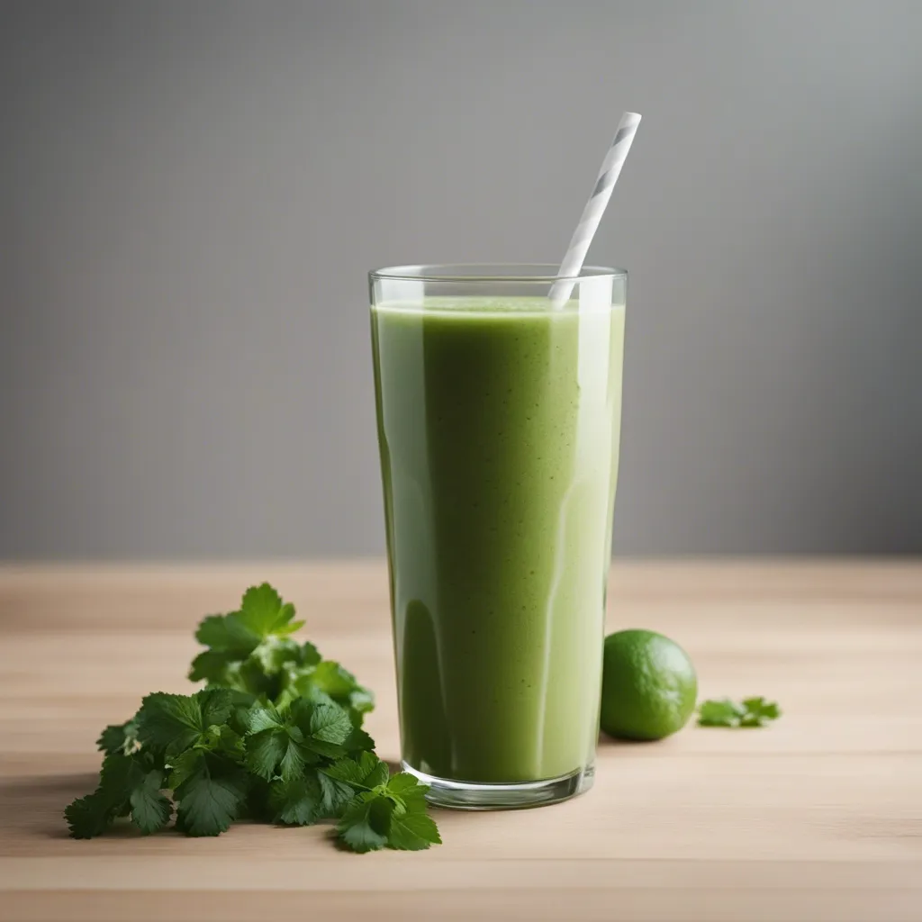 A tall glass of cilantro smoothie with a white straw, surrounded by fresh cilantro leaves and a lime on a wooden table.