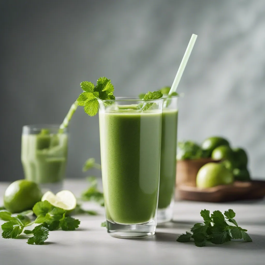 Two glasses of cilantro smoothie with white straws, decorated with cilantro sprigs, with a background of limes and cilantro on a wooden tray.