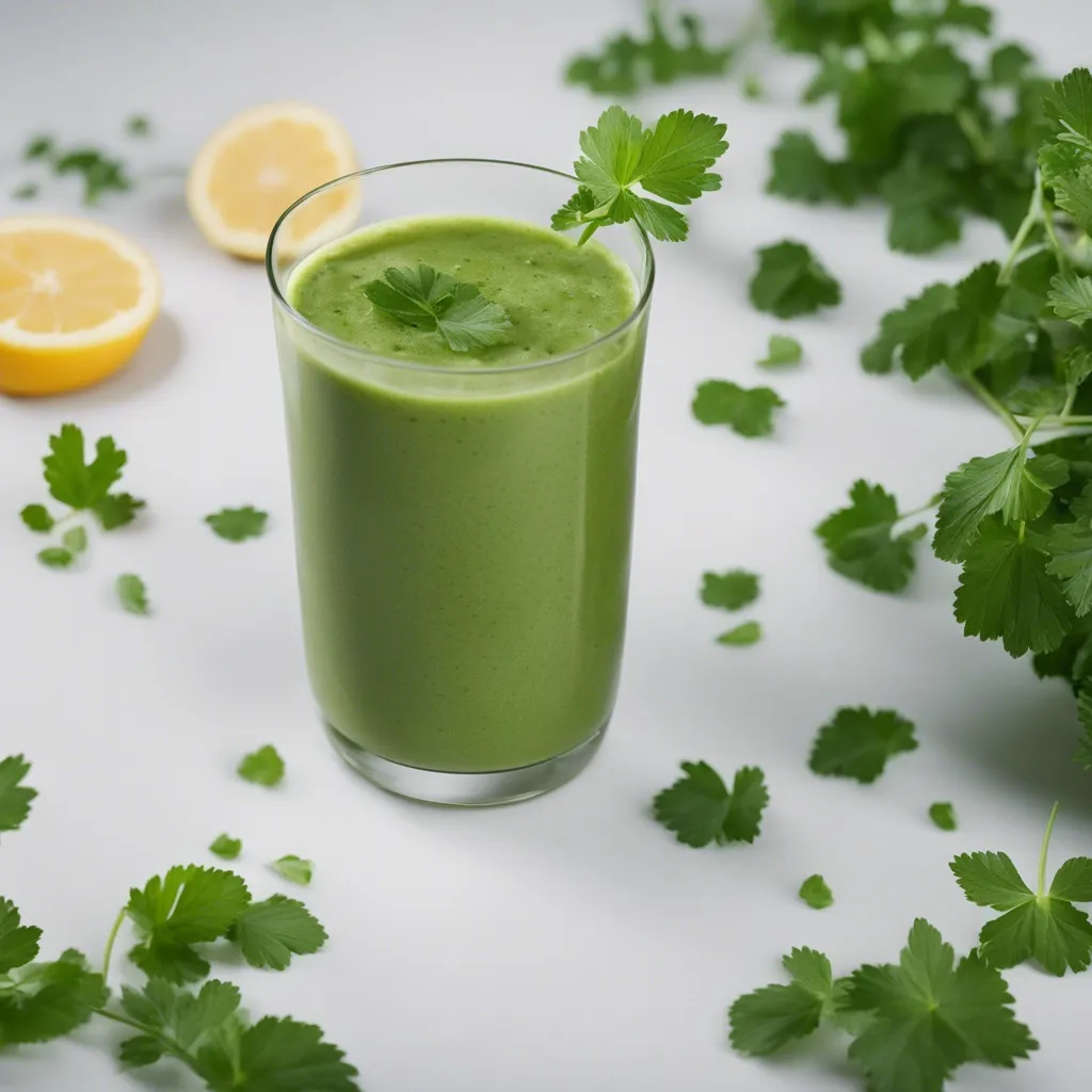 A glass of cilantro smoothie garnished with a cilantro leaf, surrounded by scattered cilantro leaves and a half-cut lemon on a white surface.