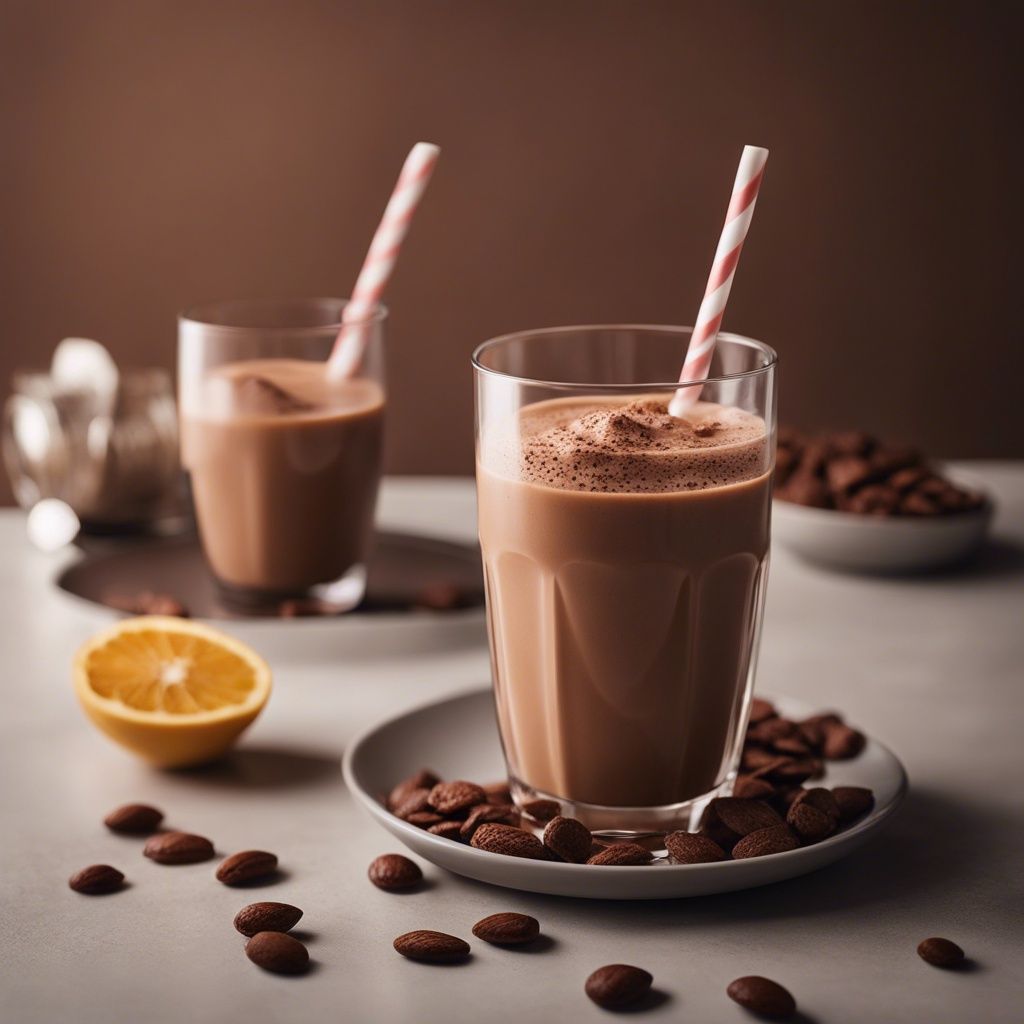 Frothy cocoa powder smoothie in a clear glass with a striped straw, almonds, and a half orange on a plate
