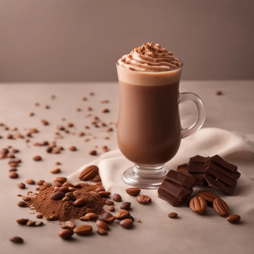 Chocolate cocoa powder smoothie topped with whipped cream in a clear mug, surrounded by almonds, coffee beans, and chocolate pieces