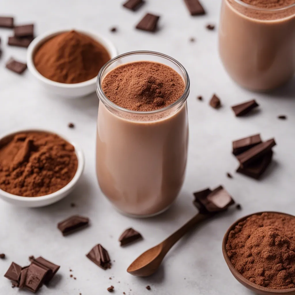 Cocoa powder topped smoothie in a glass, with chocolate pieces and bowls of cocoa powder scattered around