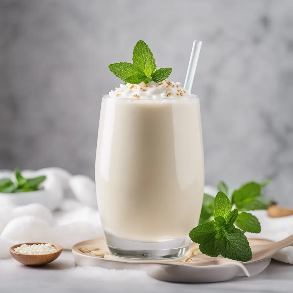 A beautiful glass of Coconut Cream smoothie garnished with mint and a white straw in the glass and surrounded by mint leaves.