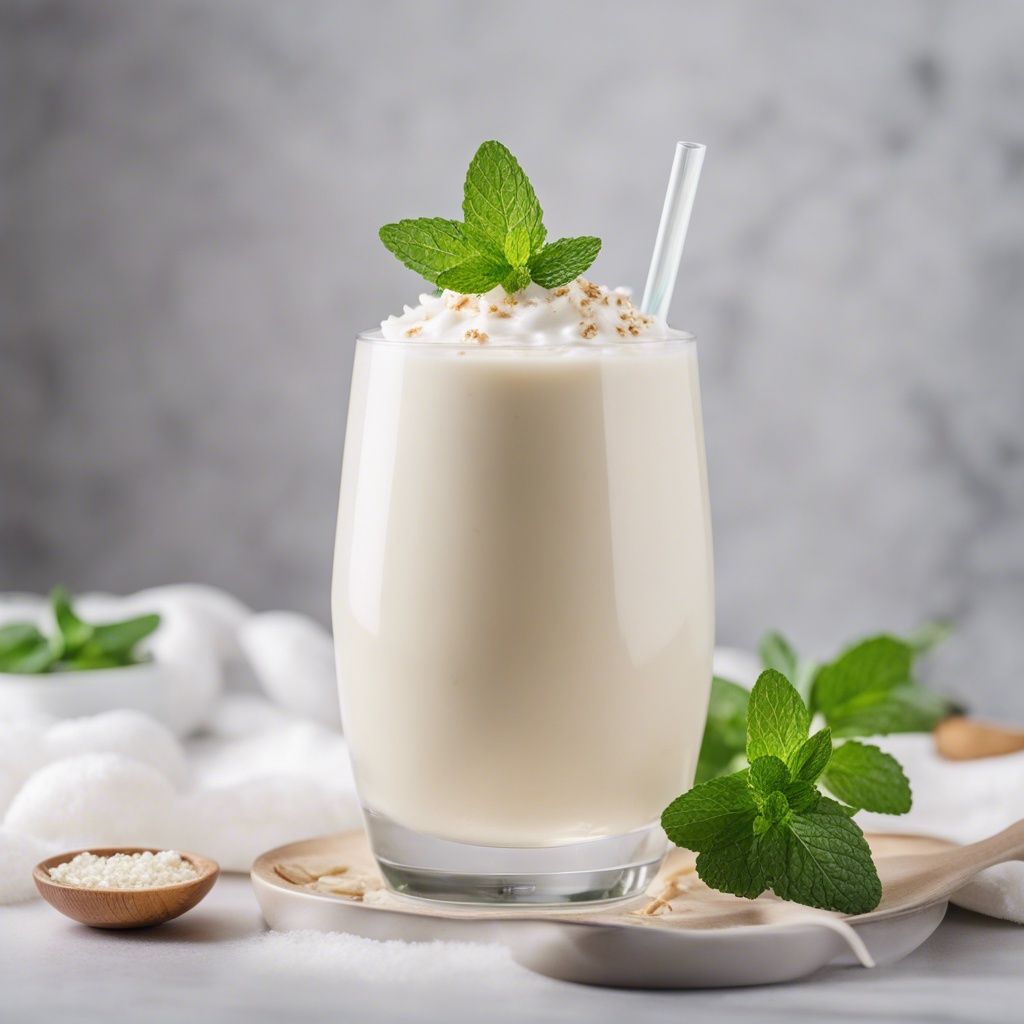 A beatiful glass of Coconut Cream smoothie garnished with mint and a white straw in the glass and surrounded by mint leaves.