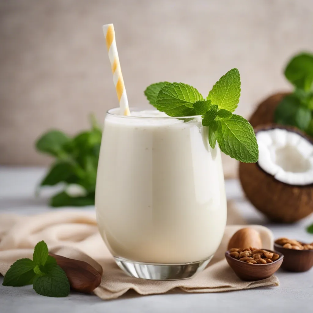 A small glass of Coconut Cream smoothie garnished with mint. There's a white and yellow straw in the glass and the smotohie is surrounded by nuts, mint and coconuts.