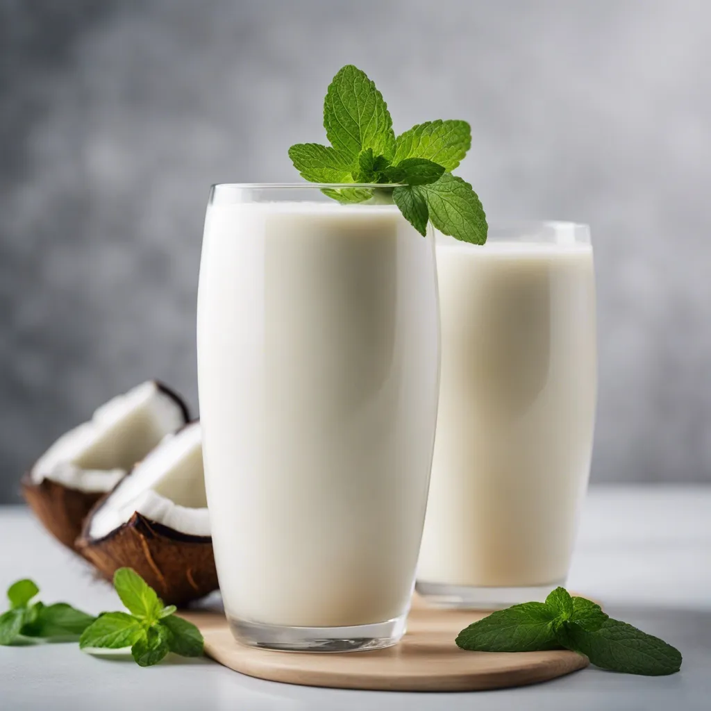 Two glasses of Coconut Cream smoothie garnished with mint. There's a fresh halved coconut beside the glasses and mint leaves in the foreground of the photo.