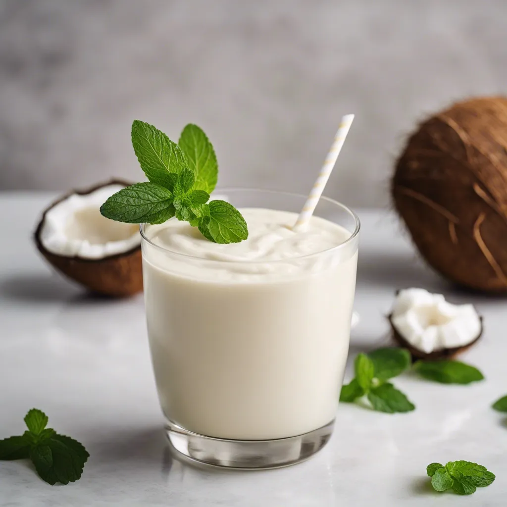 An overhead view of a glass of rich Coconut Cream smoothie garnished with mint. There are fresh coconuts in the background of the photo.