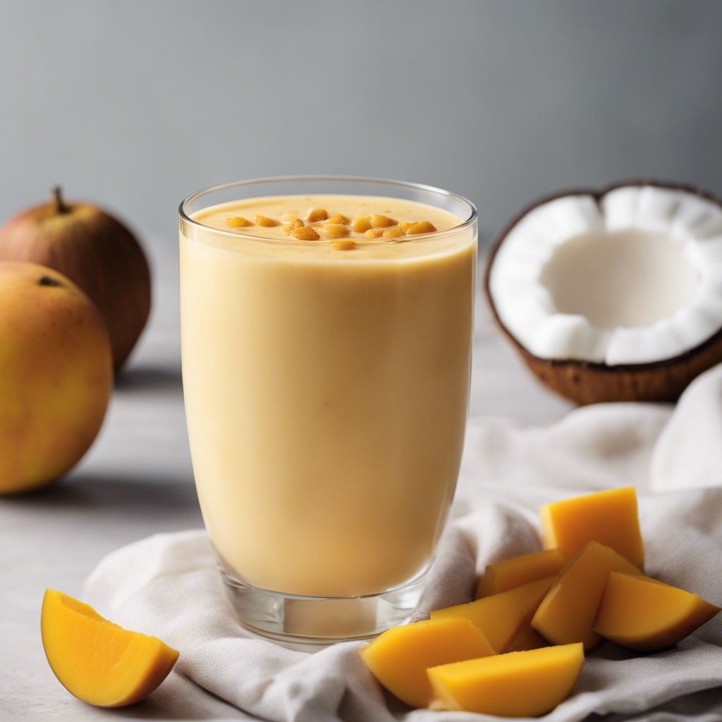 Creamy coconut mango smoothie in a glass with a whole apple and half coconut in the background