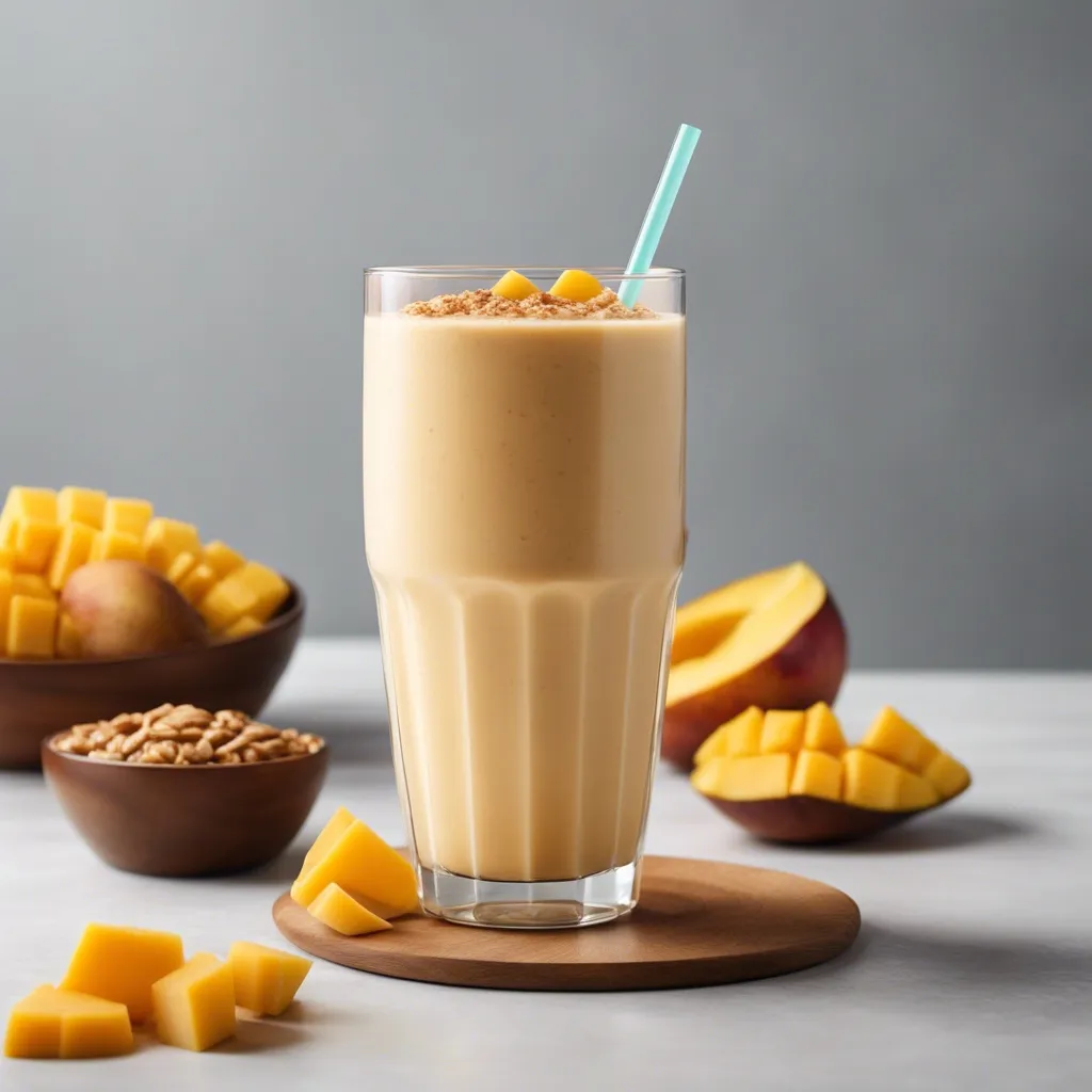 Frothy coconut mango smoothie in a tall glass with straw, garnished with mango cubes and granola, with mango pieces and a bowl of granola in the background