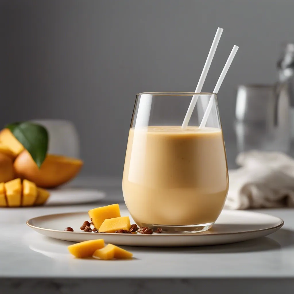 Coconut mango smoothie with two straws in a modern glass, mango pieces and coffee beans on the plate in the foreground