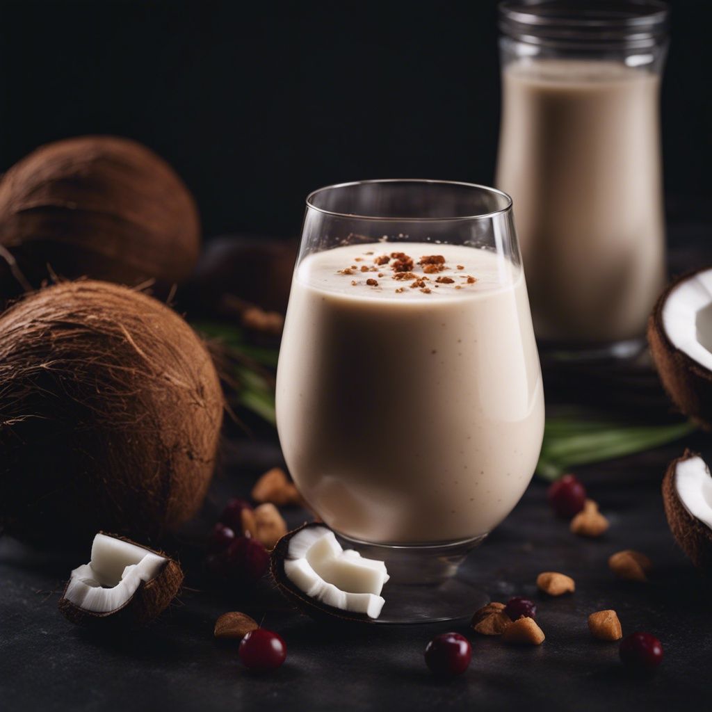A glass of coconut smoothie topped with nuts and surrounded by fresh coconuts.