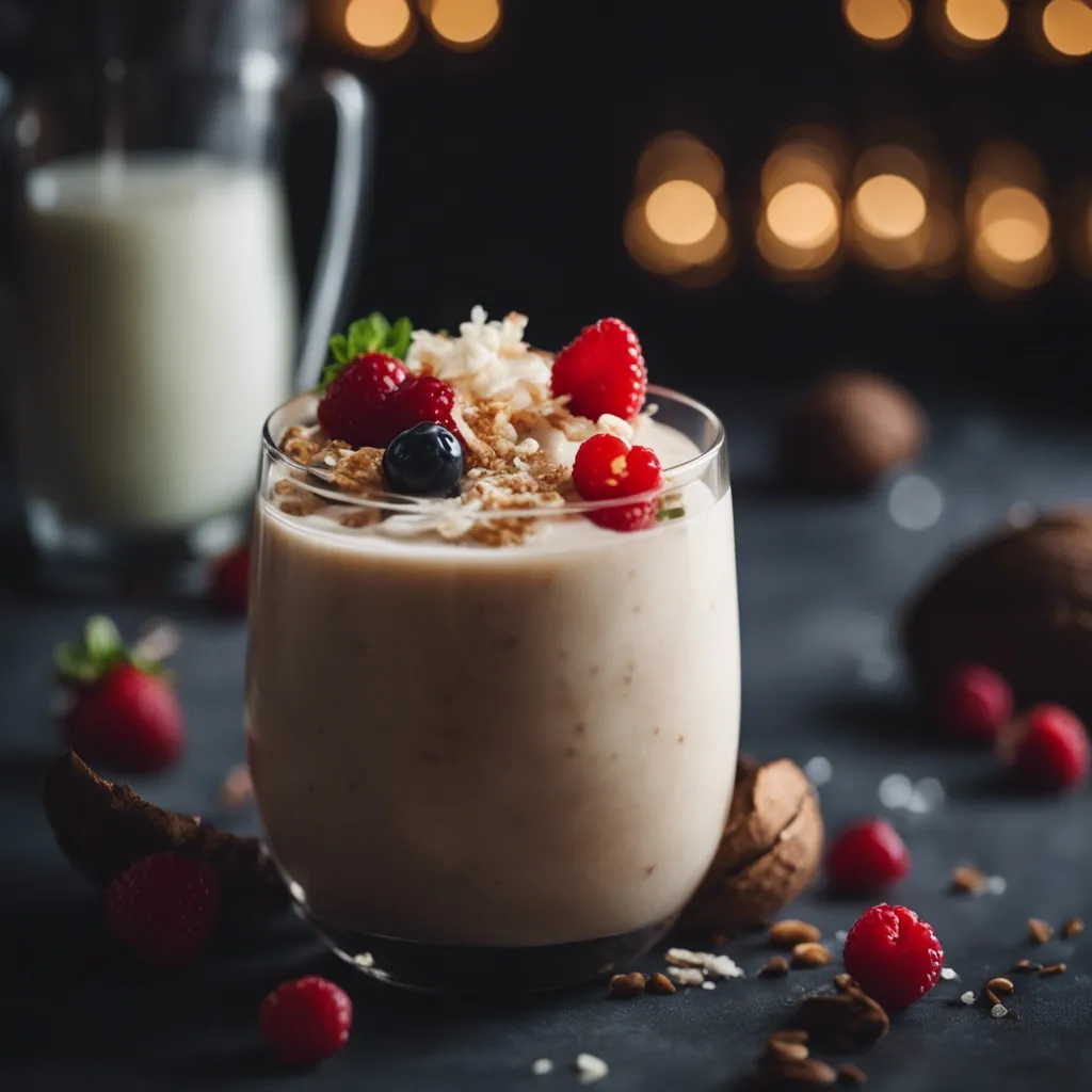 A glass of coconut smoothie topped with coconut flakes, berries and nuts.