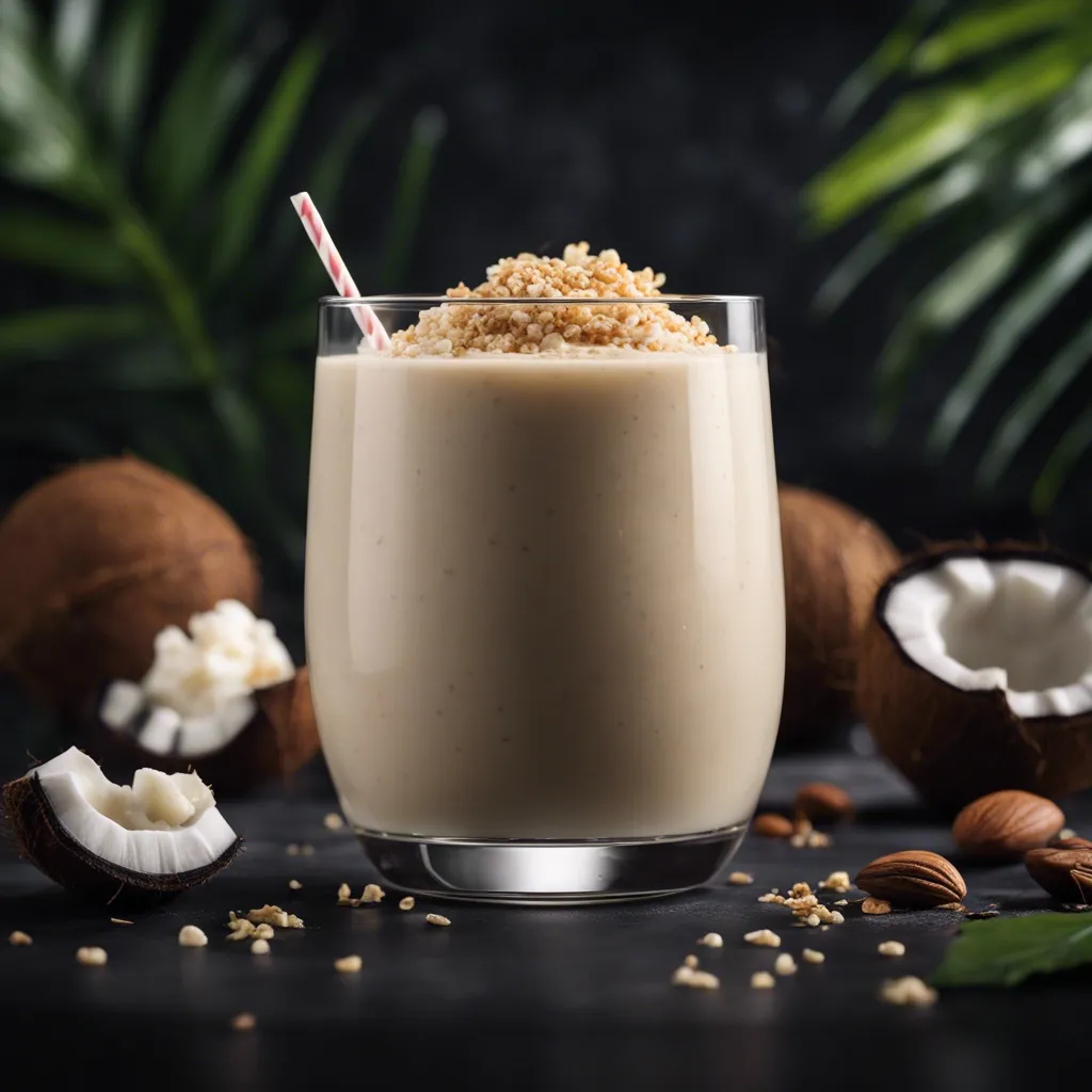 A glass of coconut smoothie as seen from the sides topped with a heao of nuts, and surrounded by fresh coconut.