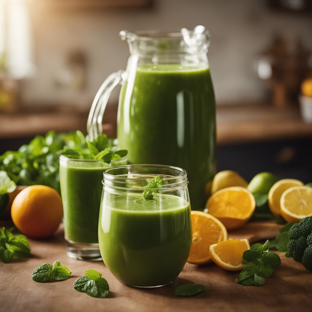 A vibrant green collard smoothie in a jug with two glasses of the smoothie poured already.