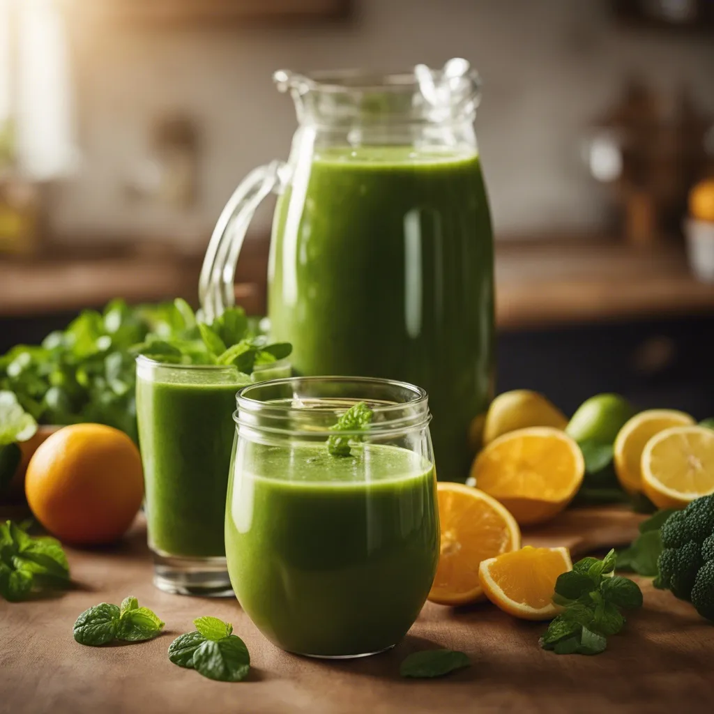 A vibrant green collard smoothie in a jug with two glasses of the smoothie poured already.