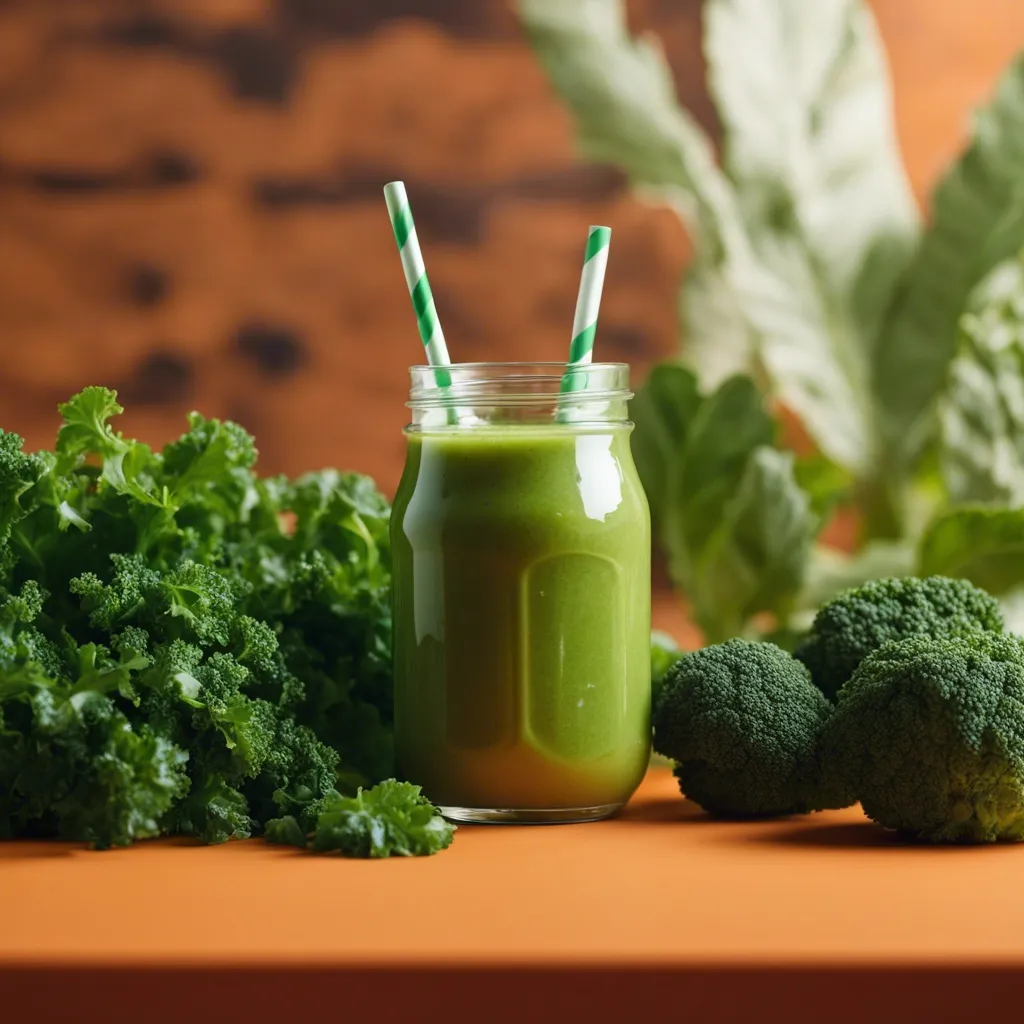 Collard green smoothie in a mason jar with two straws. 