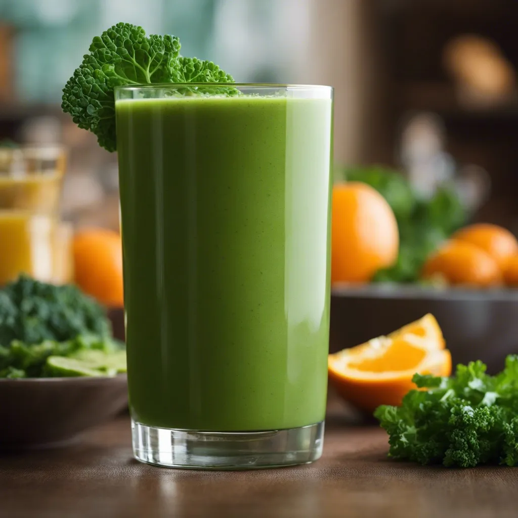 Collard green smoothie in a glass, garnished with collard green leaf.