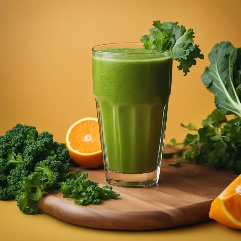 Collard green smoothie in a glass, garnished with collard green leaf on a wooden chopping board.