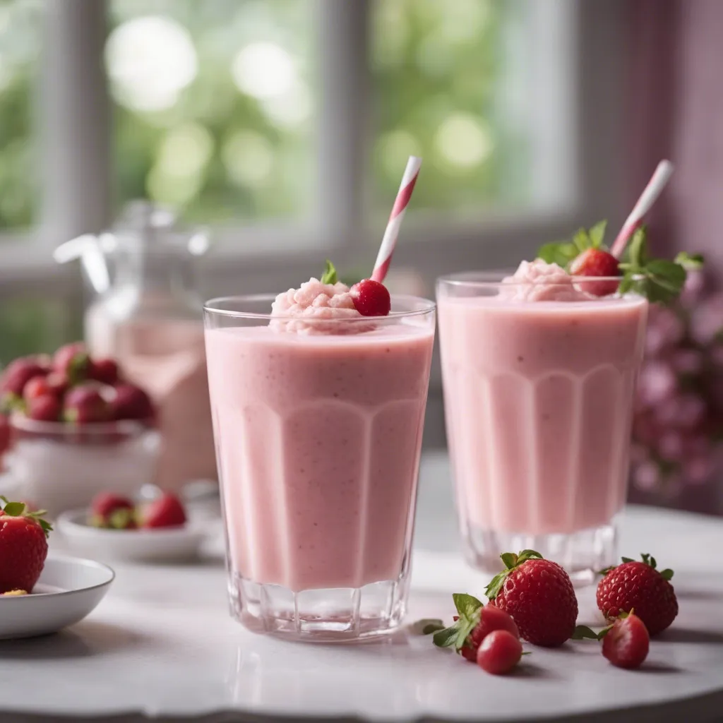 Two glasses of creamy cottage cheese smoothie with white and red straws garnished with raspberries.