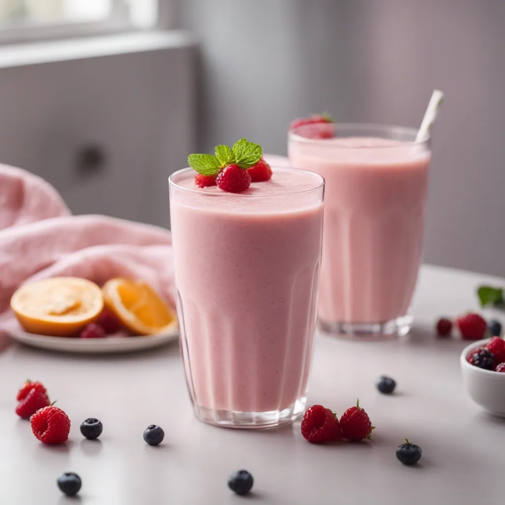 Two glasses of creamy cottage cheese smoothie garnished with raspberries and mint.