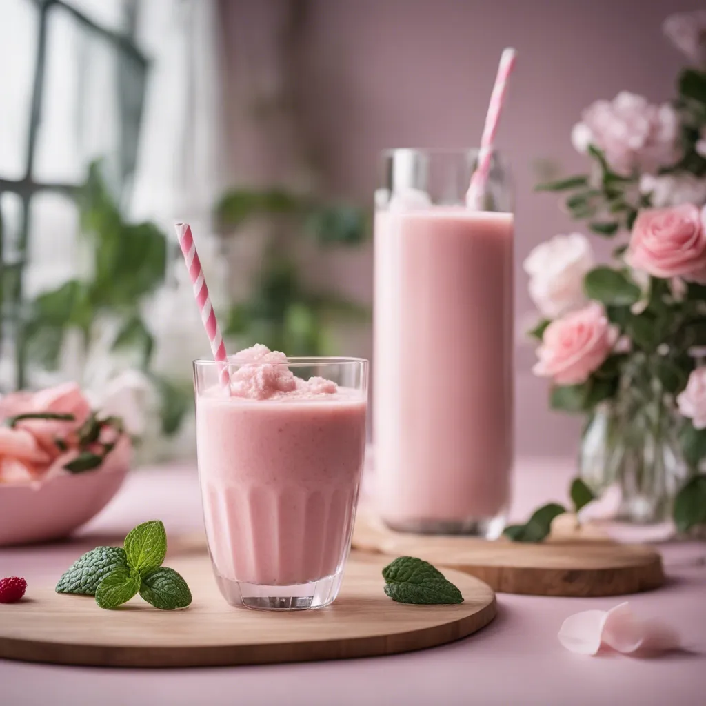 Two glasses of cottage cheese smoothies, one small and one large with mint in the foreground and pink roses in the background.