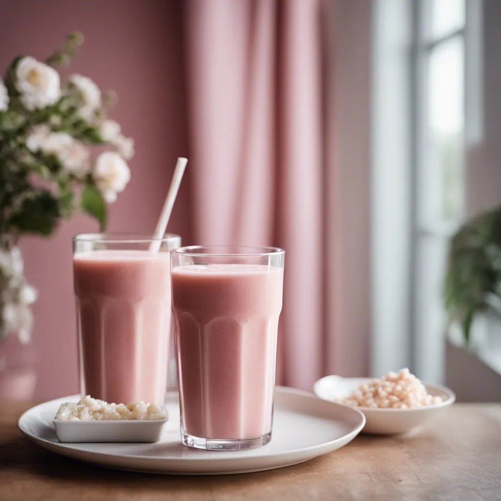 Two glasses of cottage cheese smoothies on a pink backdrop with two small bowls of cottage cheese next to them.