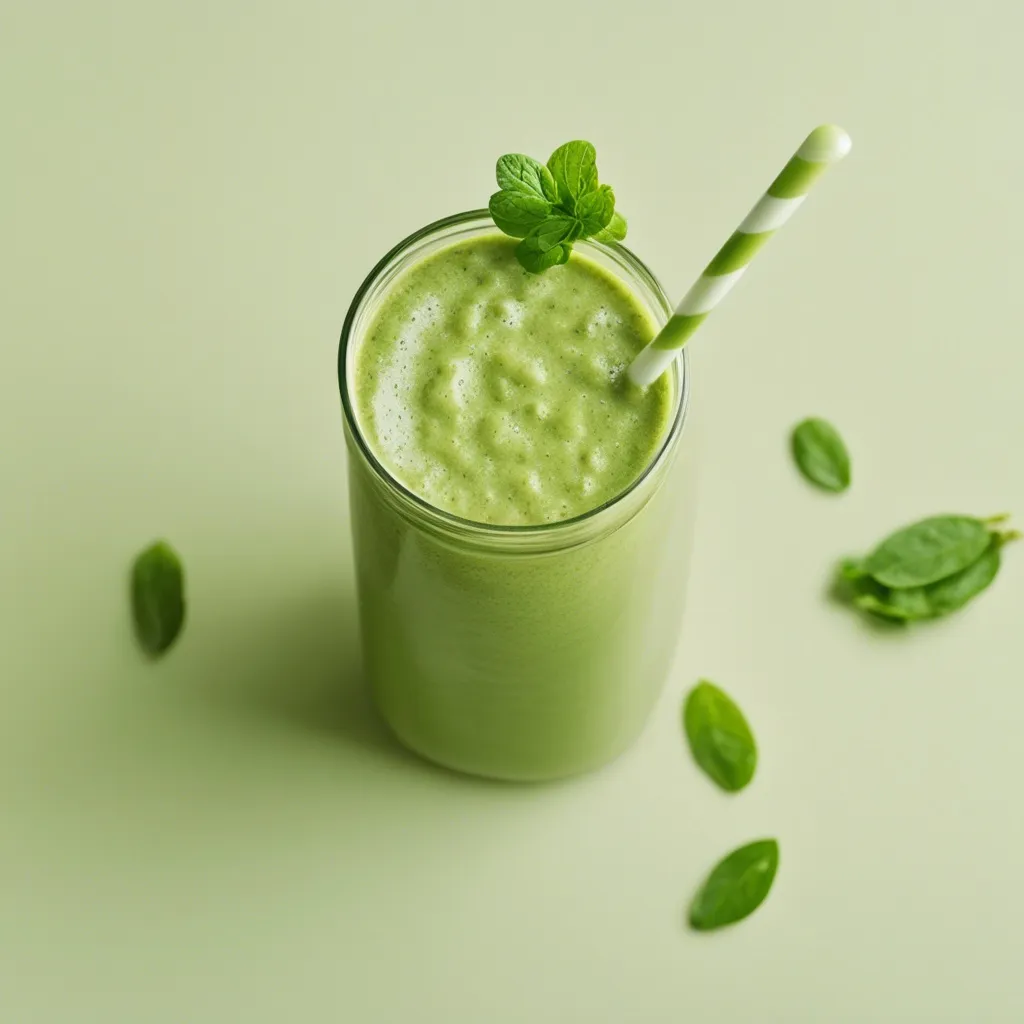 overhead shot of a cucumber banana smoothie with mint for garnish and a green straw