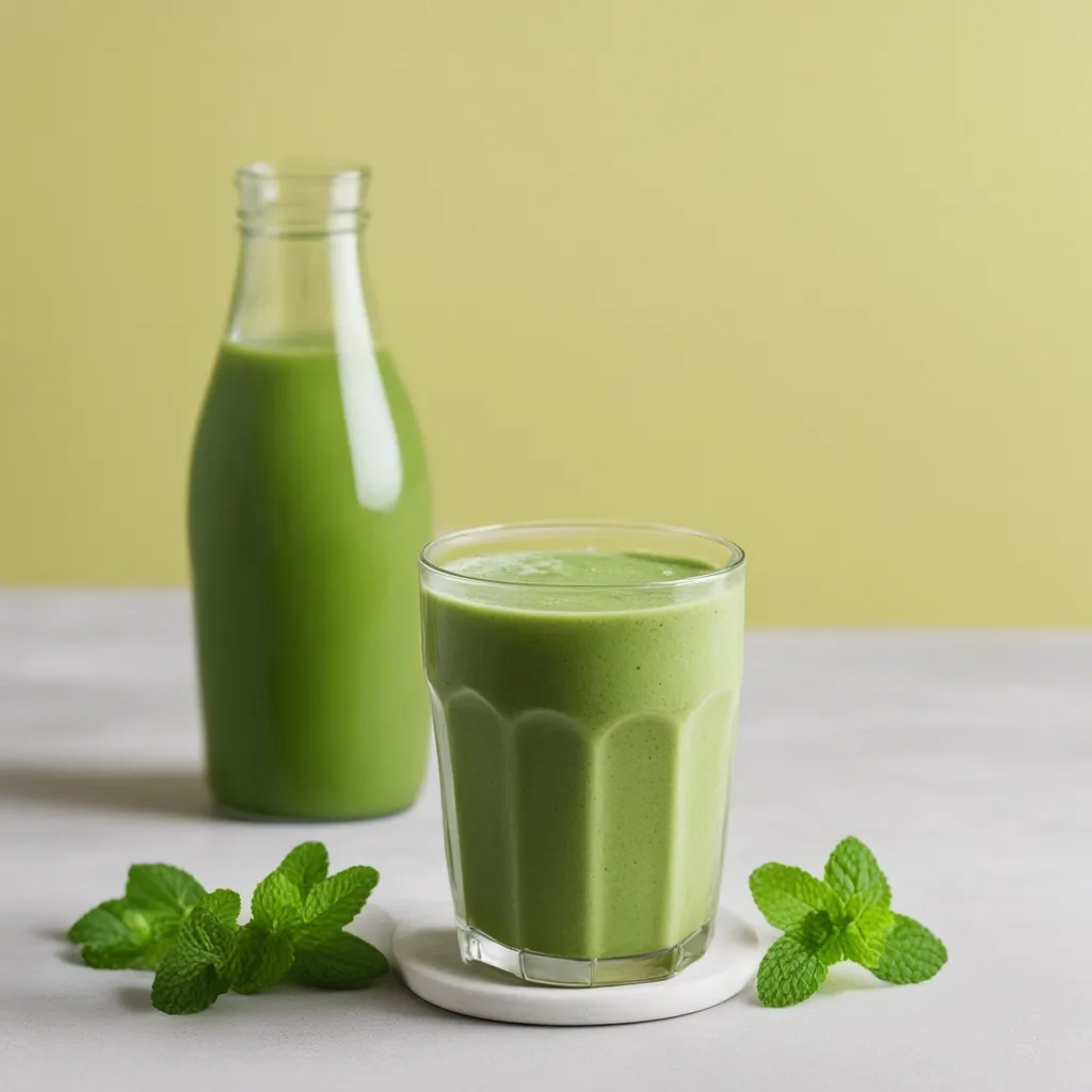 a pitcher of cucumber banana smoothie with a glass already poured garnished with mint