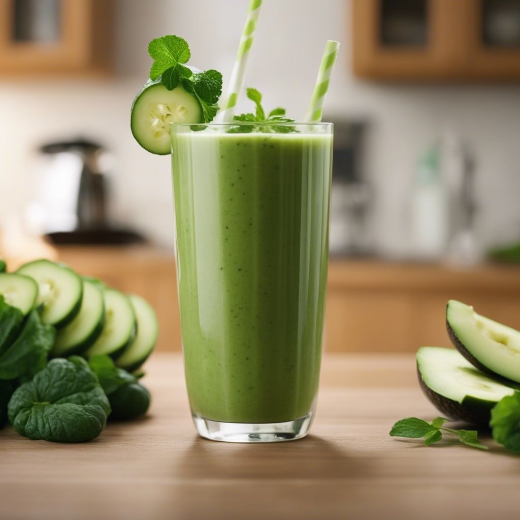 A fresh and vibrant green cucumber smoothie in a glass with cucumber slices