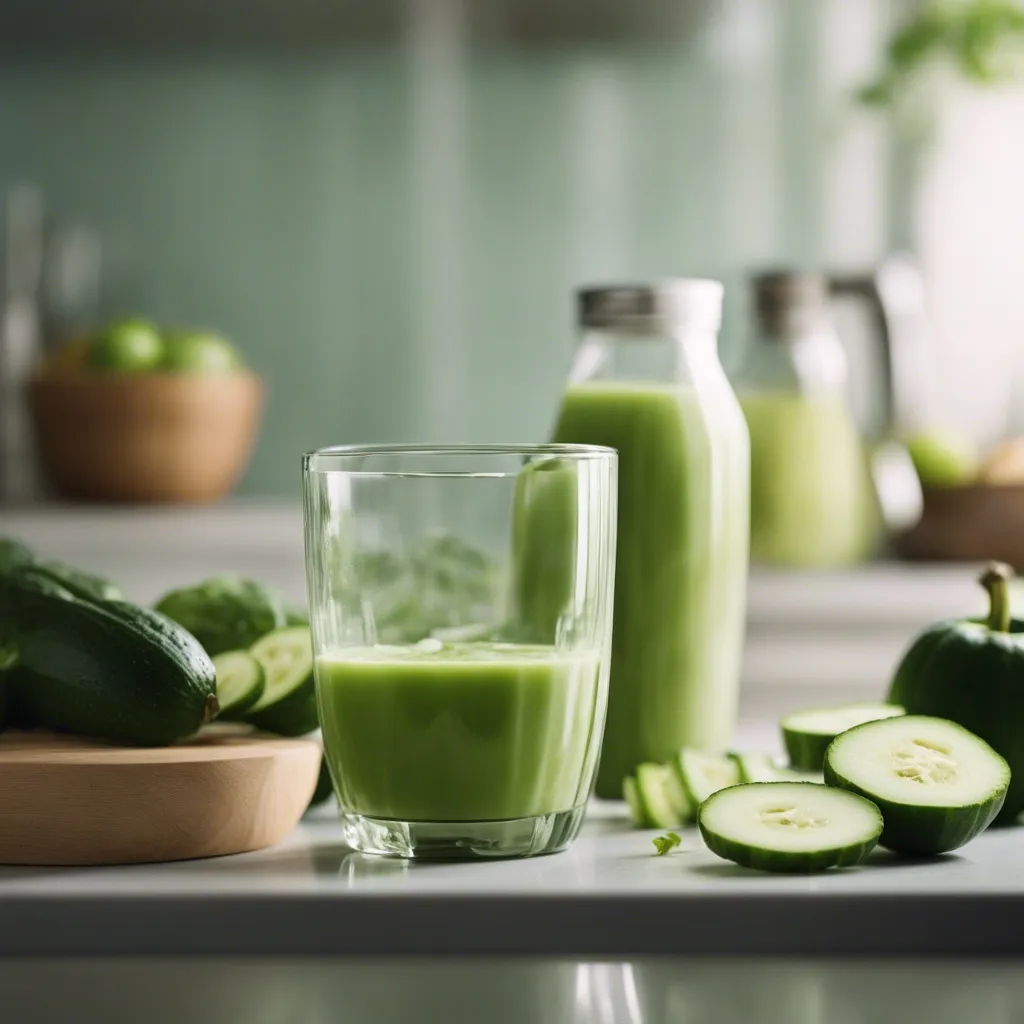 A small half empty glass of cucumber smoothie with a jug of cucumber smoothie in the background