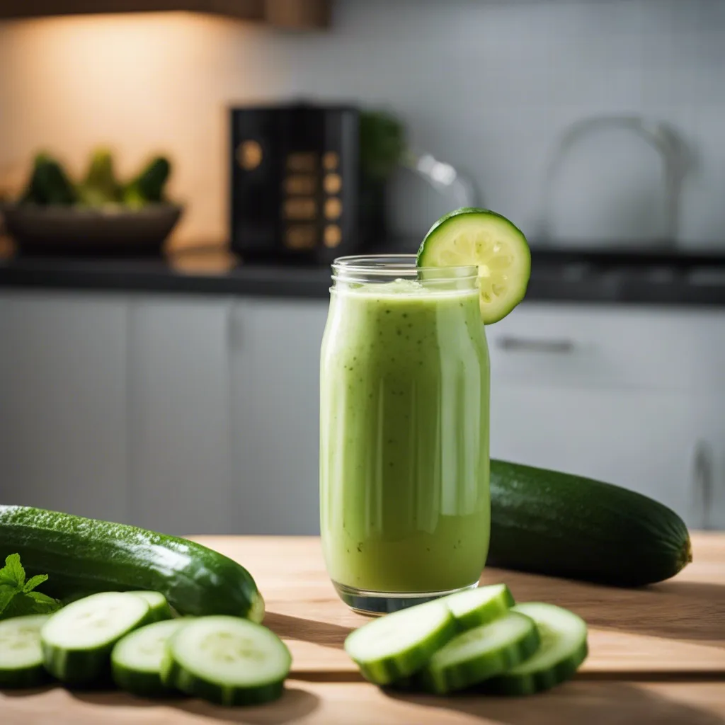 a jar shaped glass of cucumber smoothie with a cucumber slice as garnish