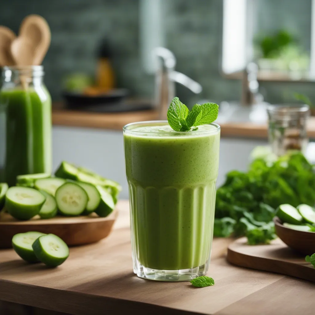 A glass of cucumber smoothie on a wooden chopping board with mint as garnish