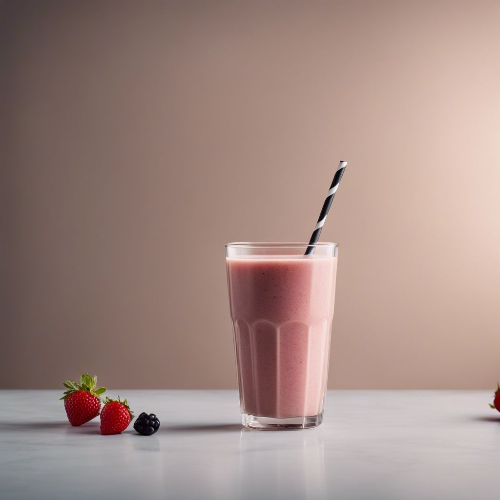 A nourishing date smoothie for pregnancy in a clear glass with a black and white striped straw, accompanied by fresh strawberries and a blackberry on a marble countertop.