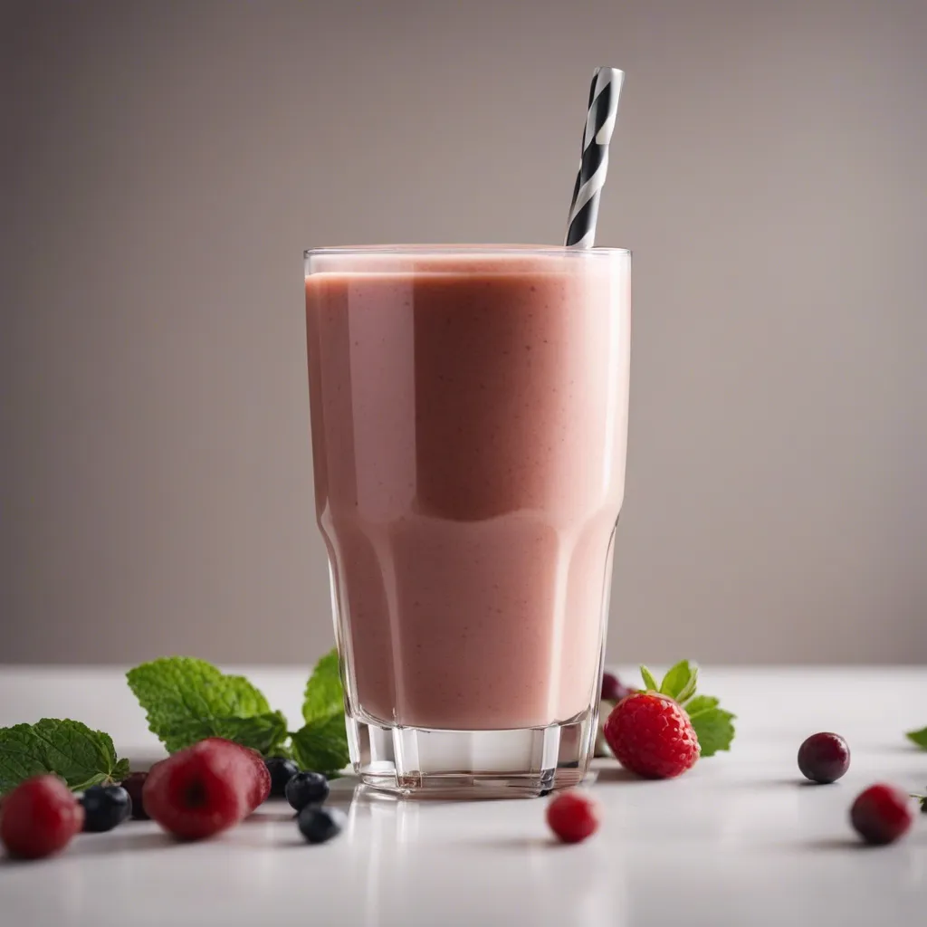 A nutritious date smoothie for pregnancy in a tall glass with a black and white striped straw, surrounded by a scattering of fresh berries and mint leaves on a white surface.