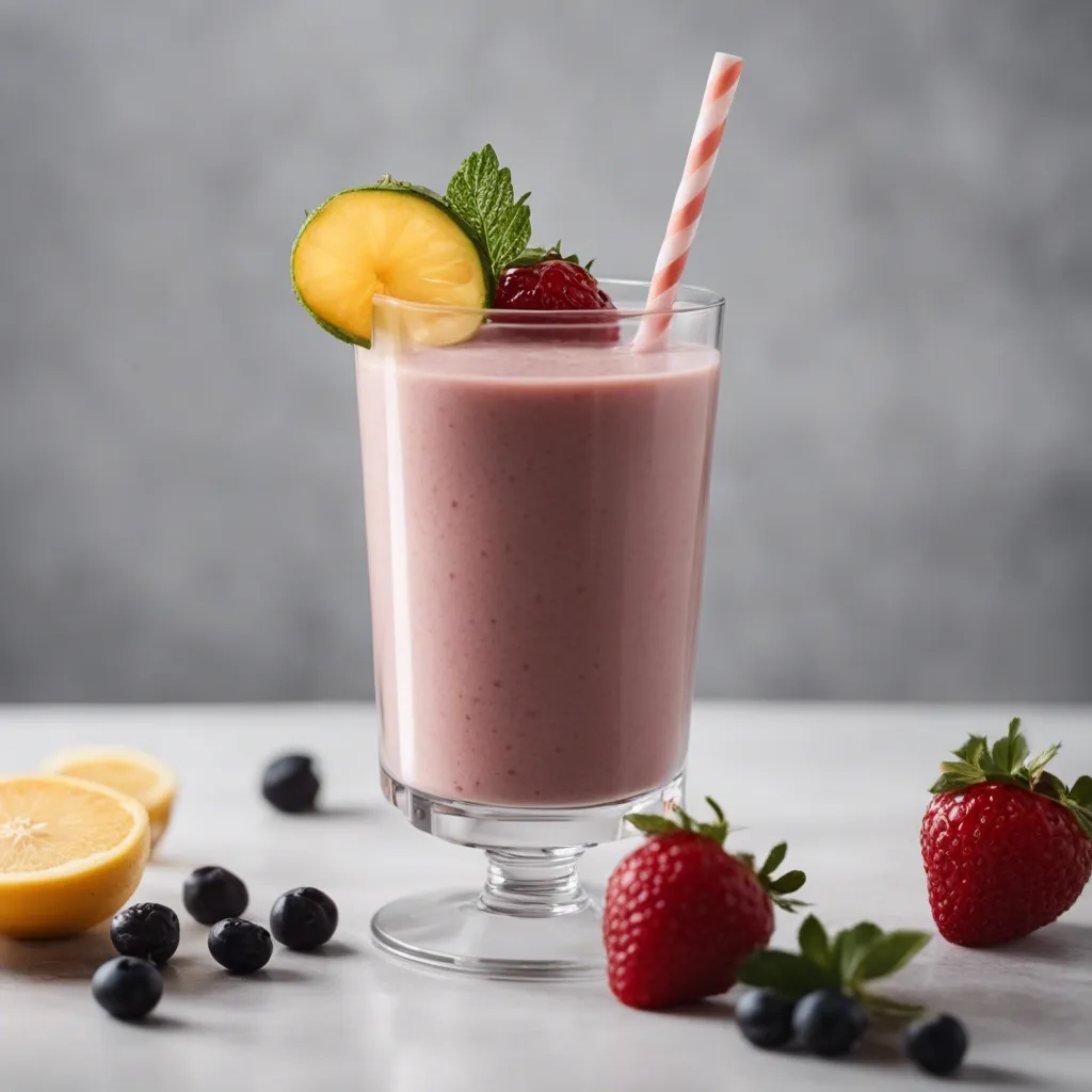 A wholesome date smoothie for pregnancy served in a stemmed glass with a pink striped straw, garnished with a slice of lemon, raspberry, and mint, with strawberries and blueberries on the side.