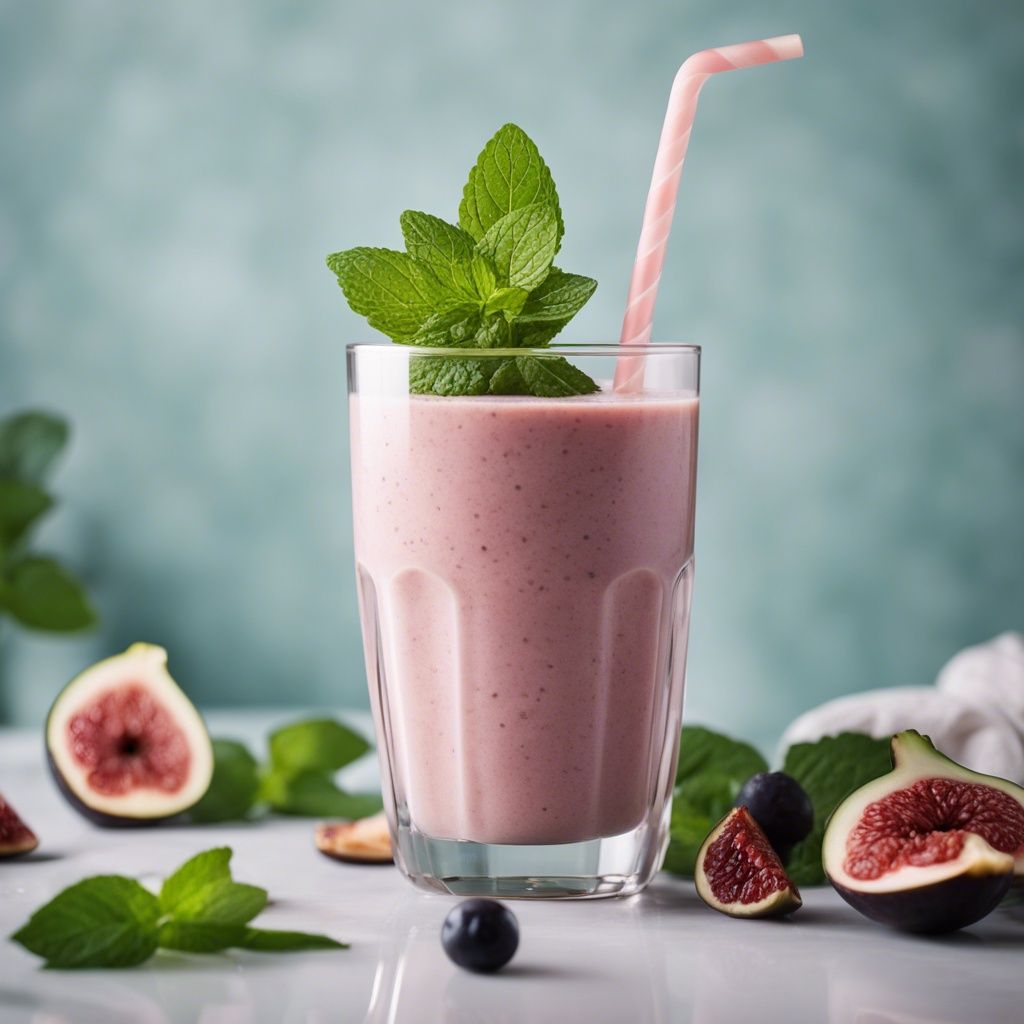 A beautiful glass of Fig Smoothie garnished with mint and a pink straw in the glass. There are sliced figs placed around the smoothie as well as mint leaves.