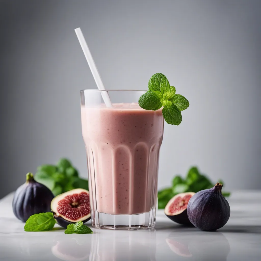 A glass of Fig Smoothie garnished with mint leaves with whole and sliced figs scattered around the glass as well as some mint leaves.