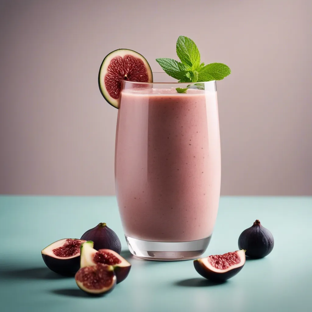 A beautiful glass of Fig Smoothie garnished with mint and a slice of fig. There are figs scattered all around the smoothie glass on a pink and blue backdrop.