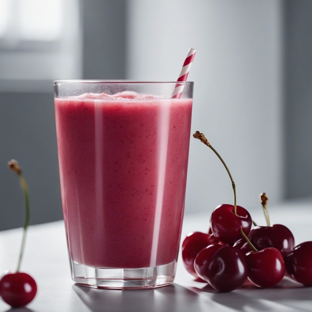 A glass of Frozen Cherry Smoothie with a red and white striped straw, fresh cherries on the side on a shaded surface.