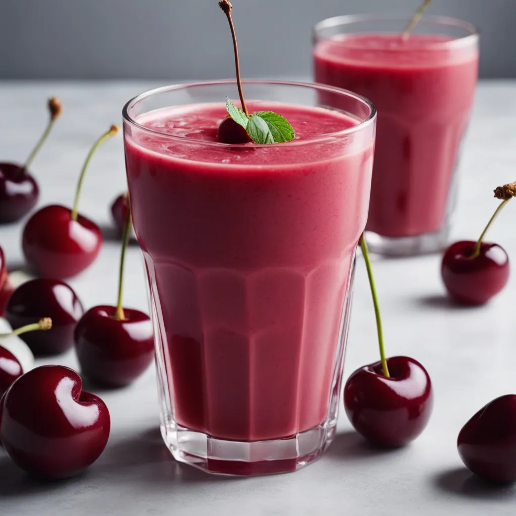 Two glasses of Frozen Cherry Smoothie, topped with a cherry and a mint leaf, with fresh cherries scattered around on a marble surface.