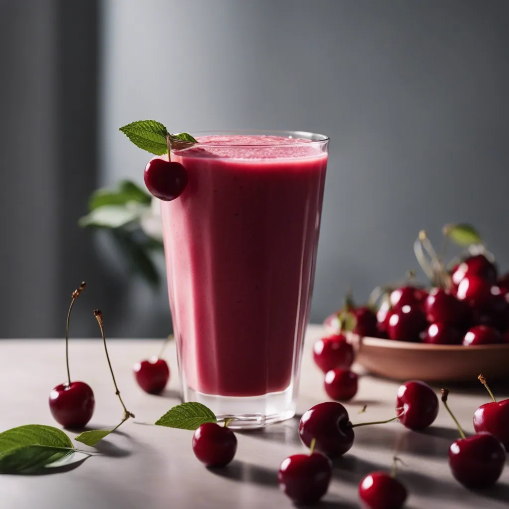 A tall glass of Frozen Cherry Smoothie garnished with a cherry and mint leaves, with a bowl of cherries in the background on a wooden surface.