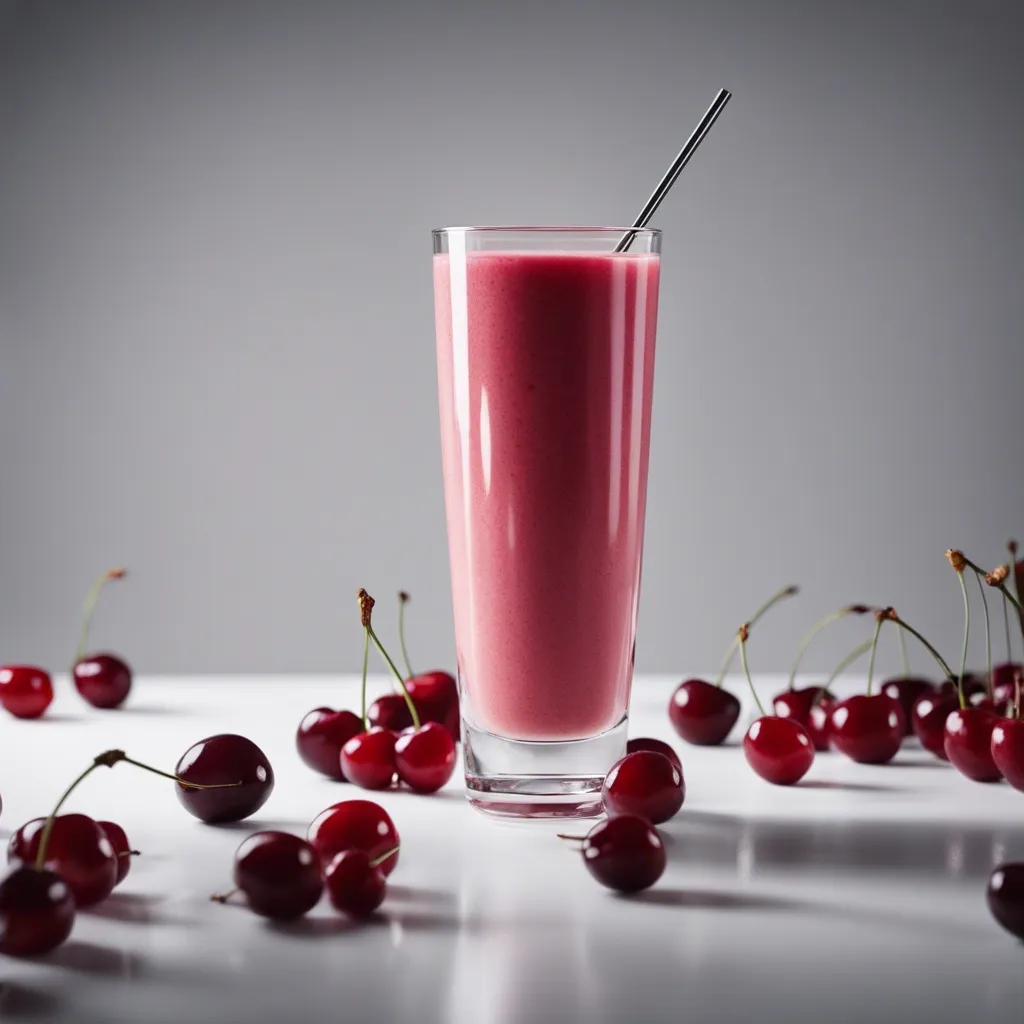 A glass of Frozen Cherry Smoothie with a metal straw, surrounded by fresh cherries on a bright reflective surface.