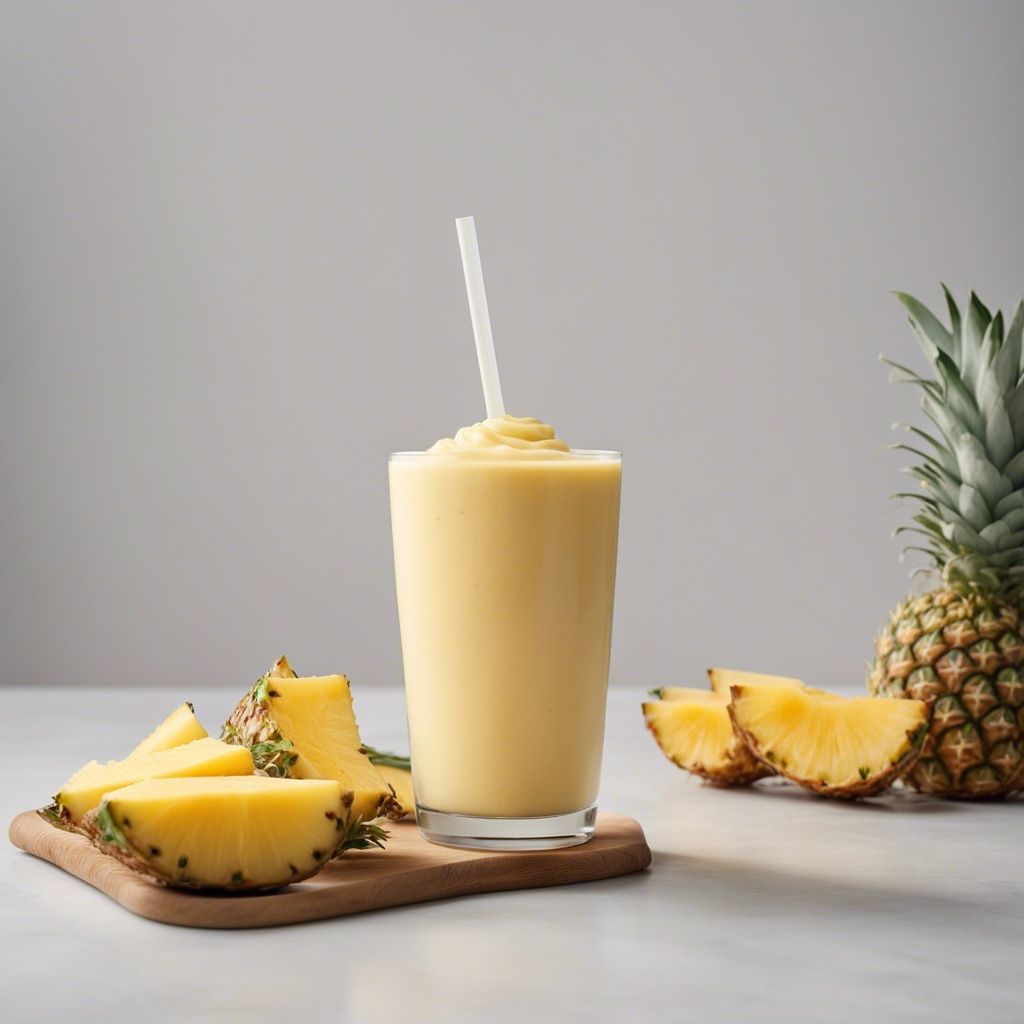Creamy frozen pineapple smoothie in a glass with a white straw, fresh pineapple slices on a wooden board, and a whole pineapple in the background.