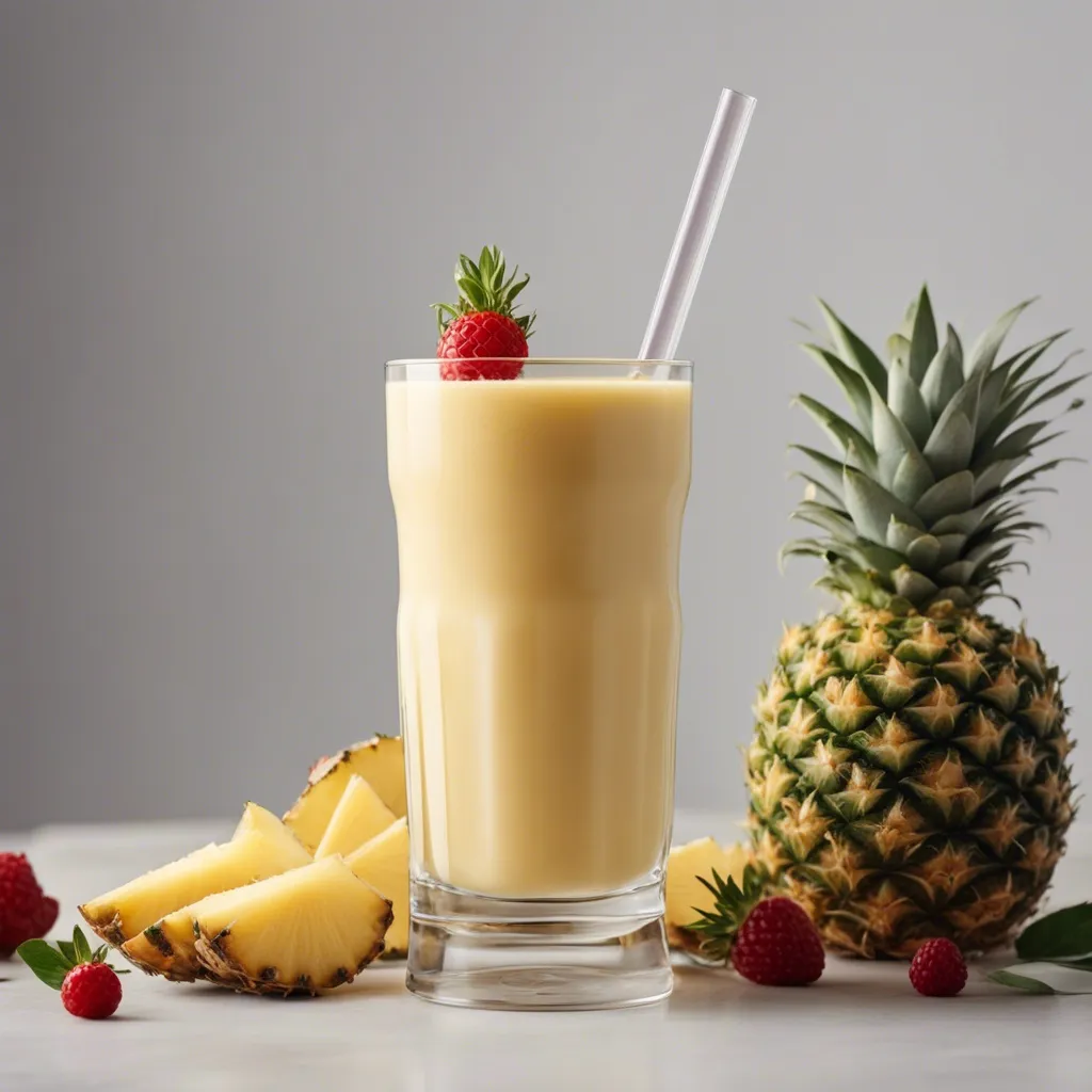 Frozen pineapple smoothie garnished with a raspberry on top, served with a white straw, and accompanied by pineapple slices and raspberries, with a whole pineapple in the backdrop.