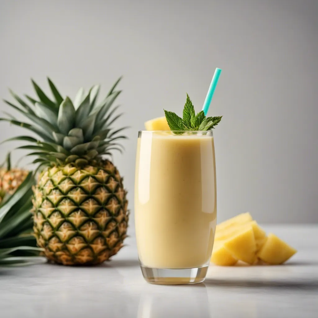 Chilled pineapple smoothie in a tall glass with a mint leaf garnish and a teal straw, placed next to cut pineapple pieces and a whole pineapple.